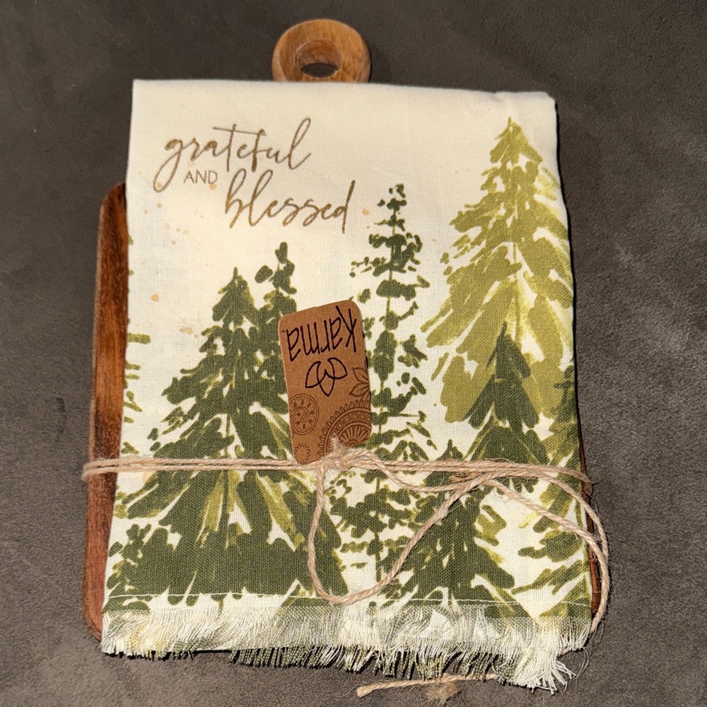 Grateful and Blessed Kitchen Towel and cutting board with Pine Tree Design
